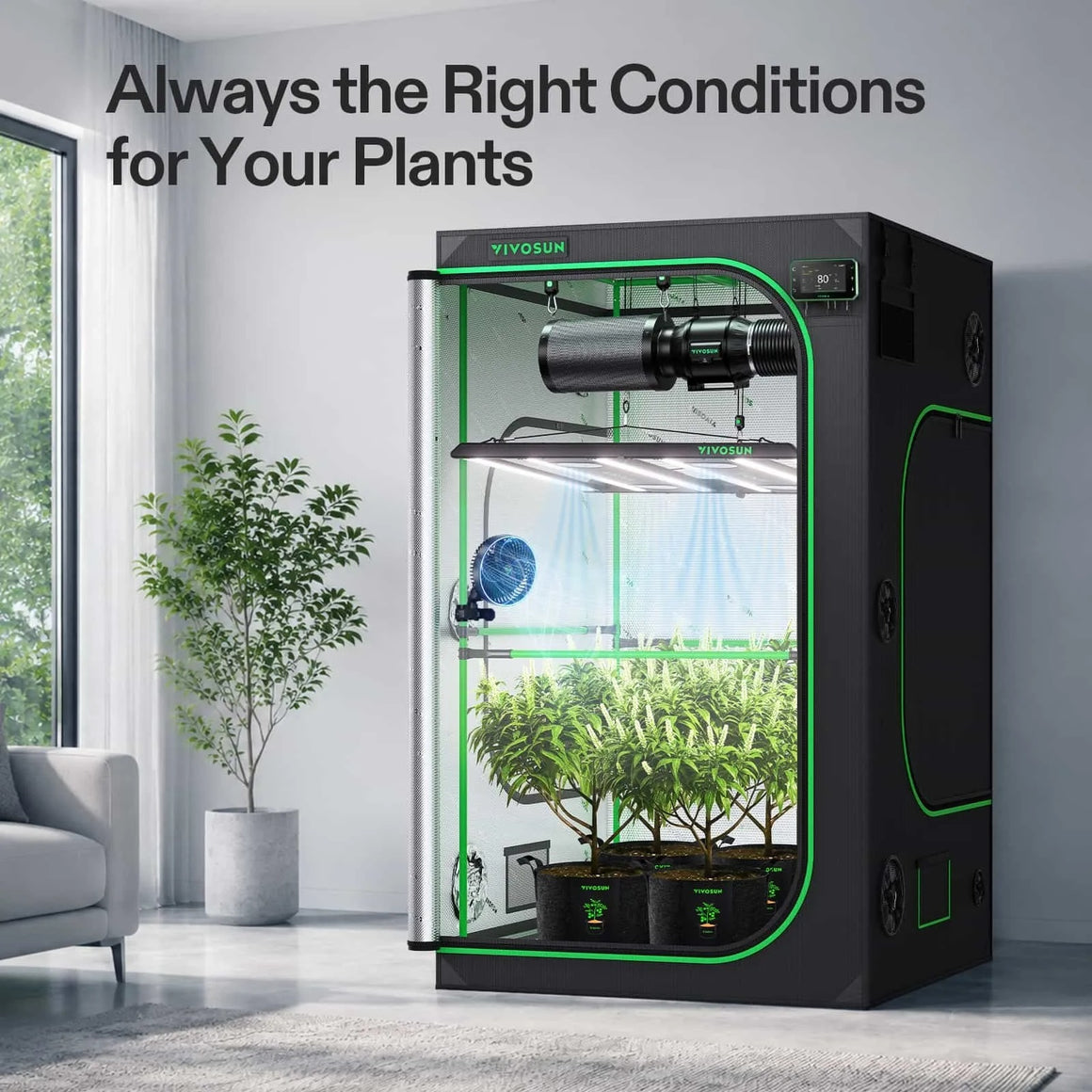 VIVOSUN smart grow tent kit with plants, LED grow light, fan, and ventilation system.