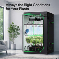 VIVOSUN smart grow tent kit with plants, LED grow light, fan, and ventilation system.