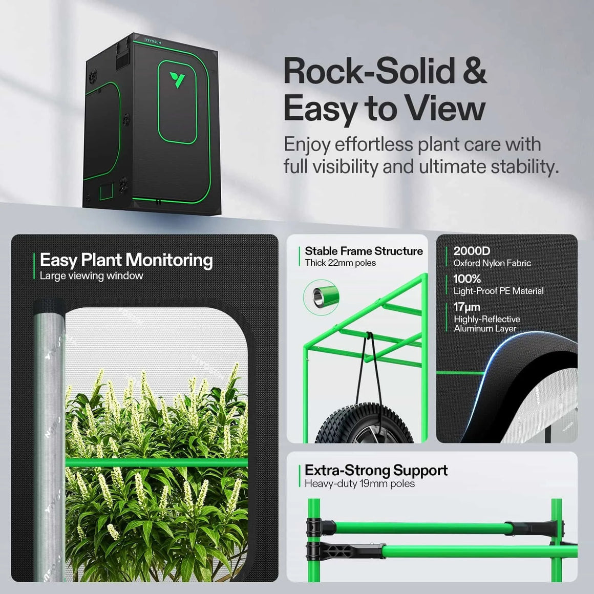 VIVOSUN 4x4 Smart Grow Tent: Rock-solid frame, large viewing window for easy plant monitoring, 2000D fabric, 17μm aluminum layer.