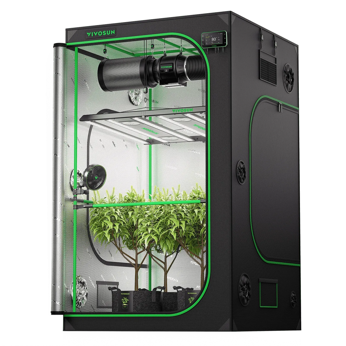 Vivosun 4x4 grow tent with LED lights, plants, fan, and ventilation system.