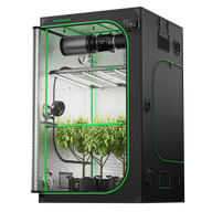 Vivosun 4x4 grow tent with LED lights, plants, fan, and ventilation system.