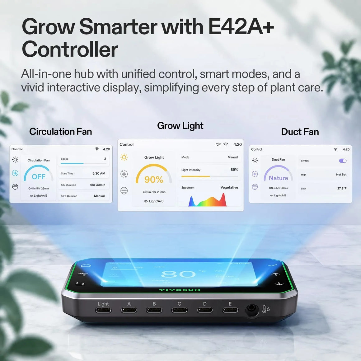 Vivosun E42A+ controller for smart grow tents, managing circulation fans, grow lights, and duct fans with a vivid display.