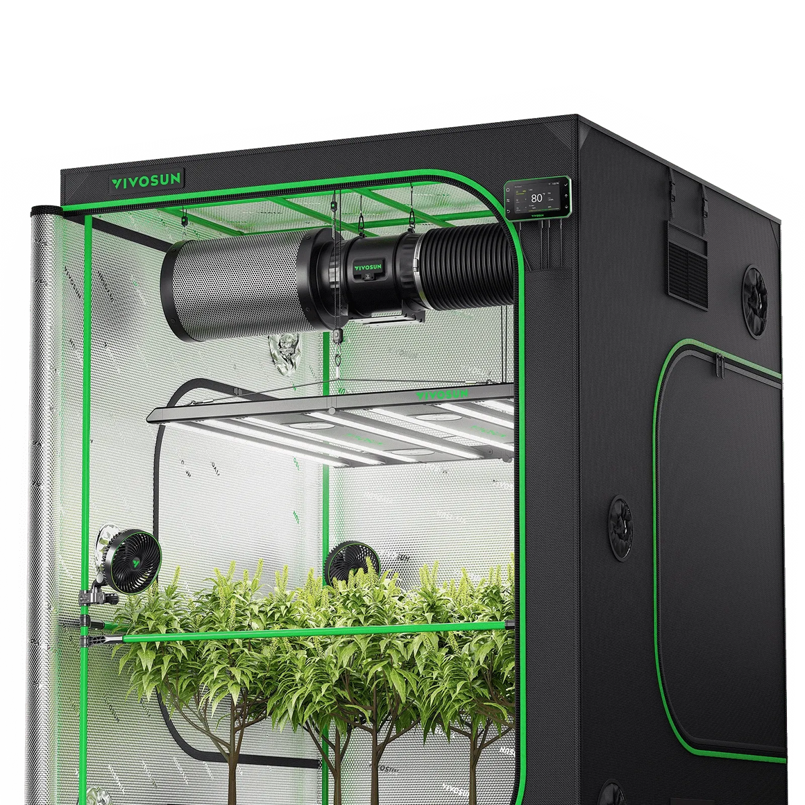 Vivosun smart grow tent kit with LED lights, fans, and plants inside.