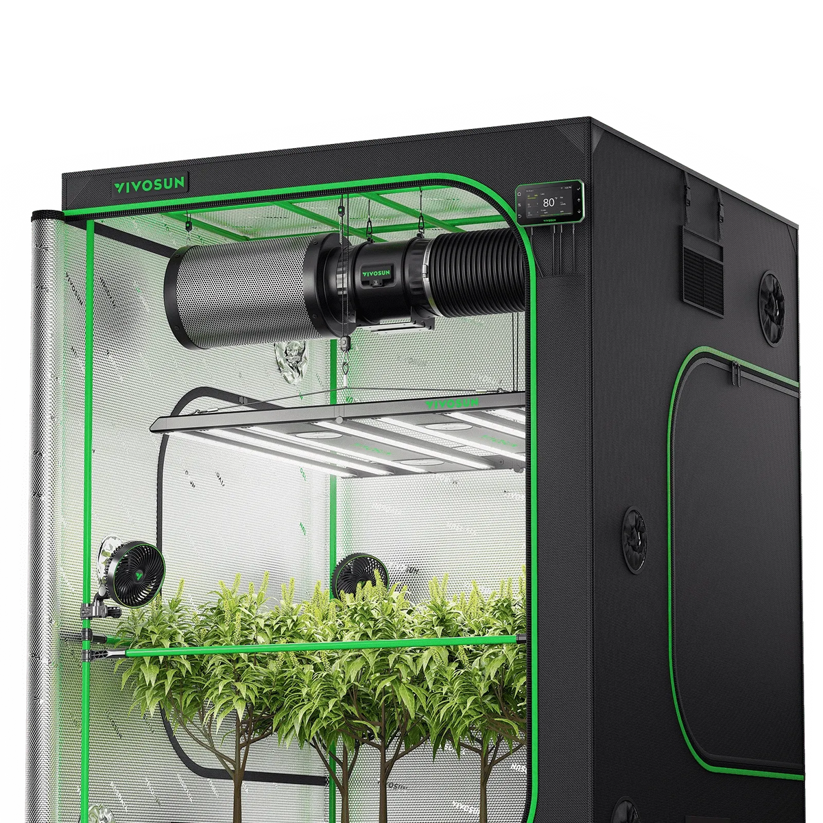 Vivosun smart grow tent kit with LED lights, fans, and plants inside.