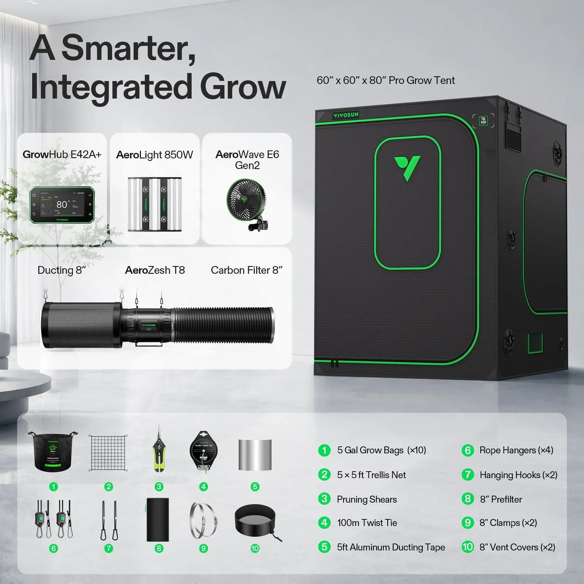 VIVOSUN 5x5 Pro Grow Tent Kit with AeroLight, GrowHub, fan, ducting, filter, and accessories.