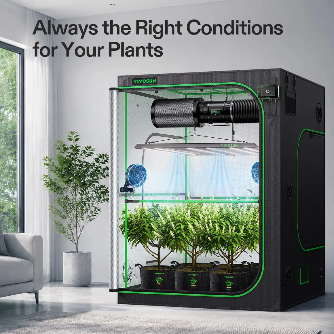 VIVOSUN Smart Grow Tent Kit with LED lights, fans, and filtration system. Plants inside the tent.
