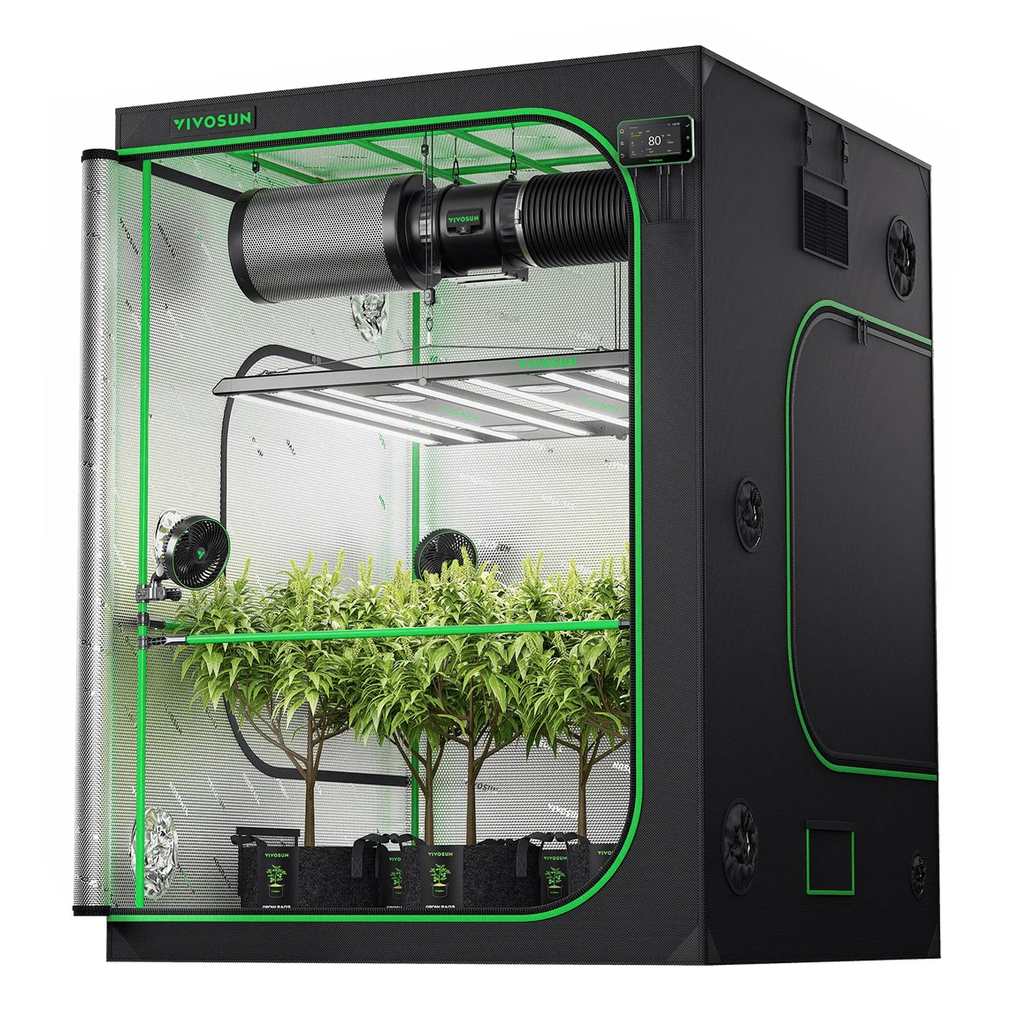 Vivosun 5x5 Smart Grow Tent Kit with LED lights, fan, and plants.