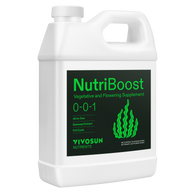 White jug of Vivosun NutriBoost vegetative and flowering supplement, with green label and seaweed graphic.
