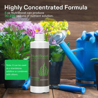 Vivosun Nutri Boost liquid fertilizer bottle with plants, watering can, and gardening tool.