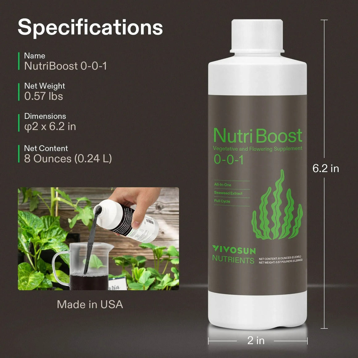 Vivosun NutriBoost fertilizer bottle and product details. Bottle with green text and seaweed graphic.