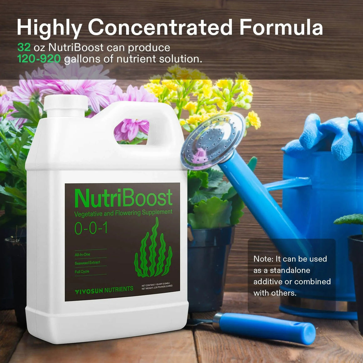 Vivosun NutriBoost liquid fertilizer bottle with flowers, watering can, and gardening tool.