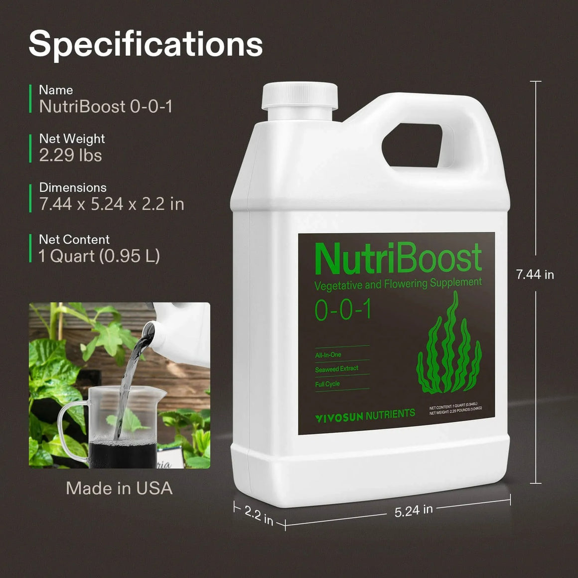 Vivosun NutriBoost 0-0-1 fertilizer jug with measurements, showing liquid being poured.