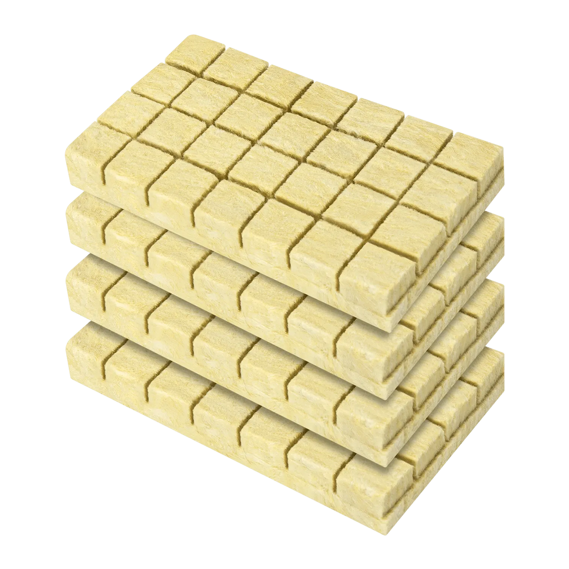 Stack of 4 yellow Vivosun rockwool grow cubes, each with a grid pattern of indentations, on a black background.