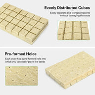 Close-up of Vivosun rockwool cubes with pre-formed holes for seeds, ideal for transplanting plants.