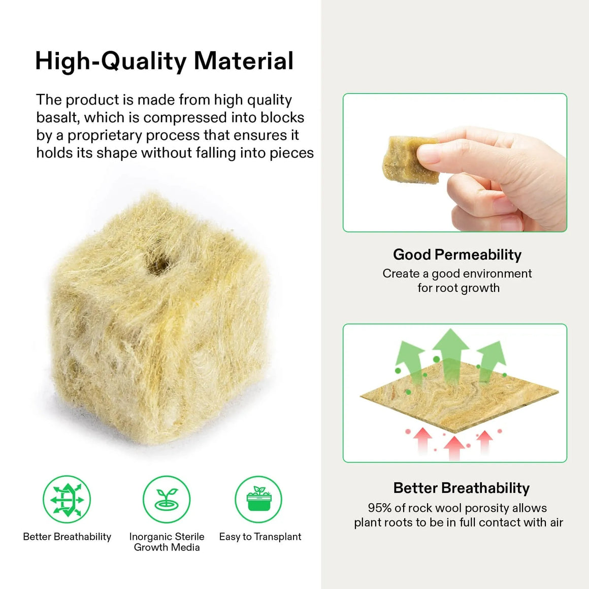 VIVOSUN rockwool cubes: High-quality basalt, good permeability, better breathability for plant roots.