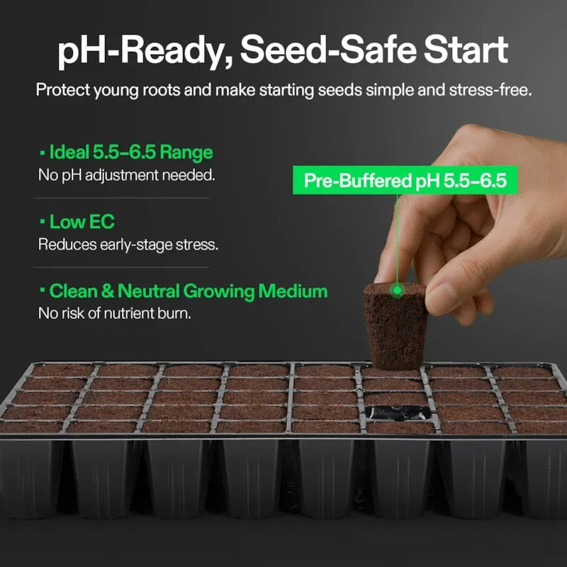 Vivosun seed starter tray with peat plugs, featuring "pH-Ready, Seed-Safe Start" text.