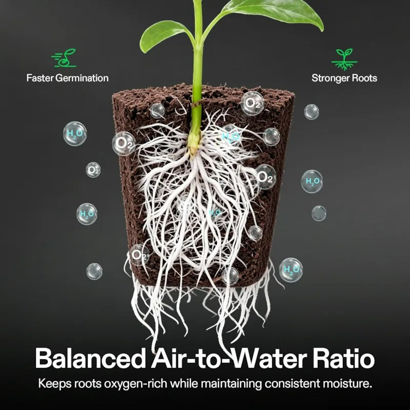 Vivosun Seed Rooter: Healthy plant roots in soil, with H2O & O2 bubbles, promoting faster germination and stronger roots.