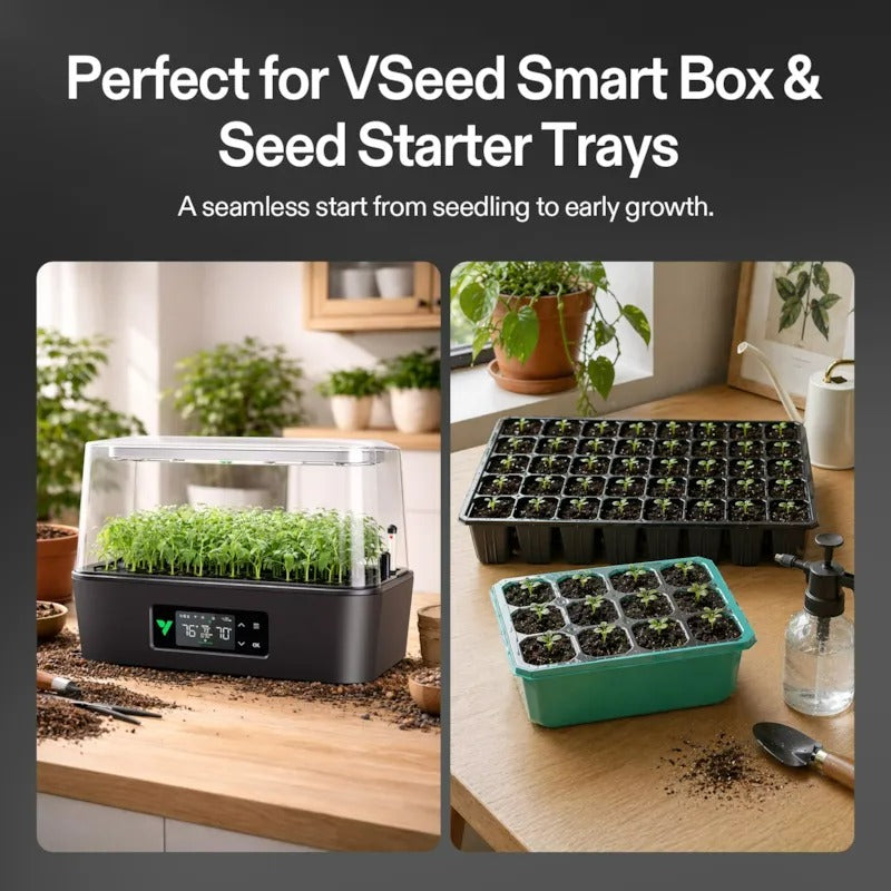 Vivosun seed starter trays with seedlings growing under a grow light, and tray with young plants.