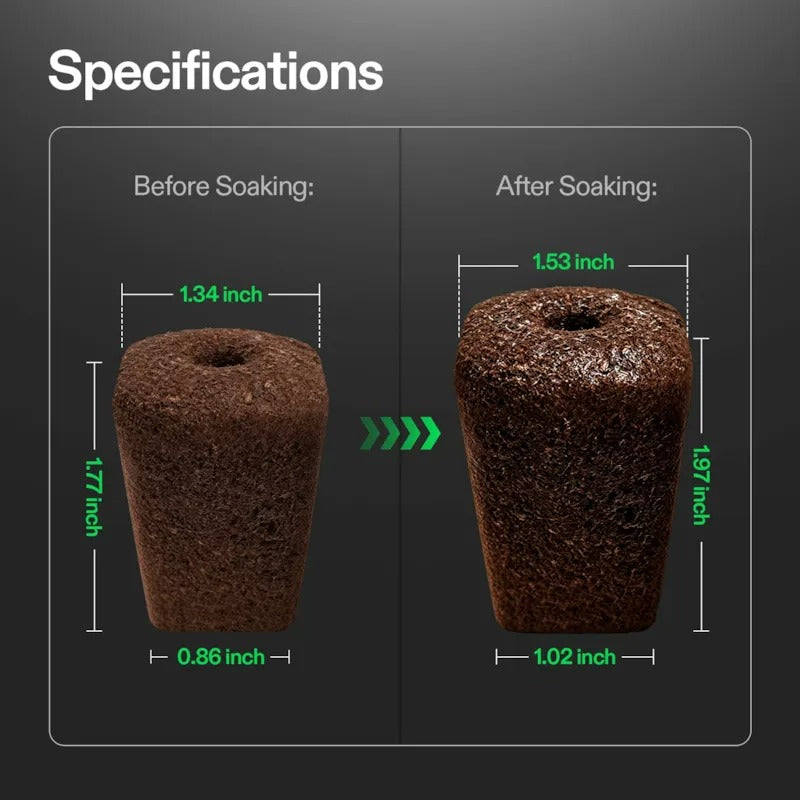 Vivosun Seed Rooter specs: Before soaking: 1.34" wide, 1.77" tall, 0.86" bottom. After soaking: 1.53" wide, 1.97" tall, 1.02" bottom.