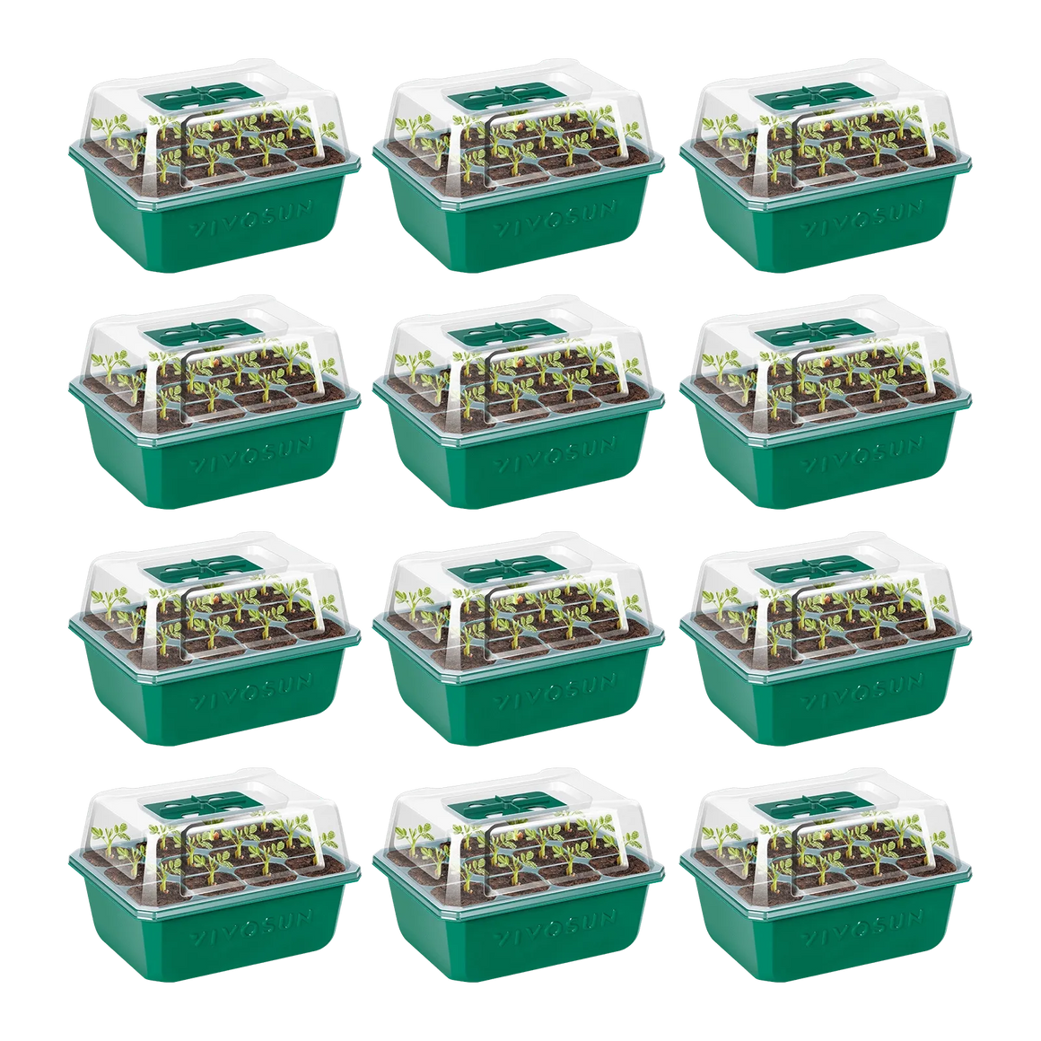 Vivosun green seed starter kits with clear lids and adjustable vents, filled with young plants and soil.