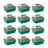 Vivosun green seed starter kits with clear lids and adjustable vents, filled with young plants and soil.