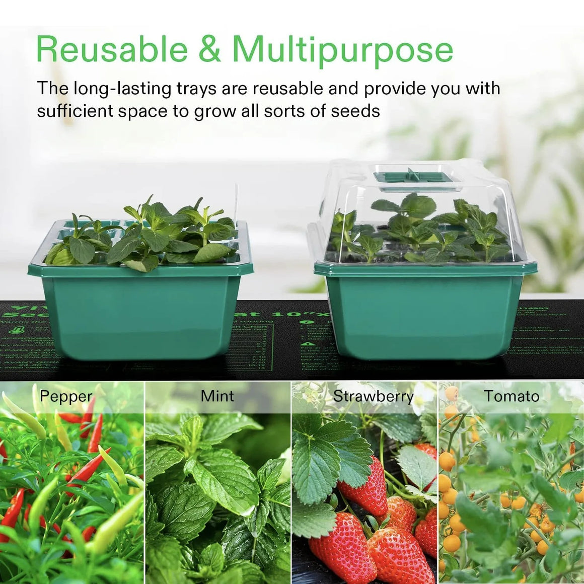 VIVOSUN seed starter kit with green trays, plants, and images of peppers, mint, strawberries, and tomatoes.