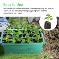 Green VIVOSUN seed starter tray with young plants and a single seedling in a peat pellet.