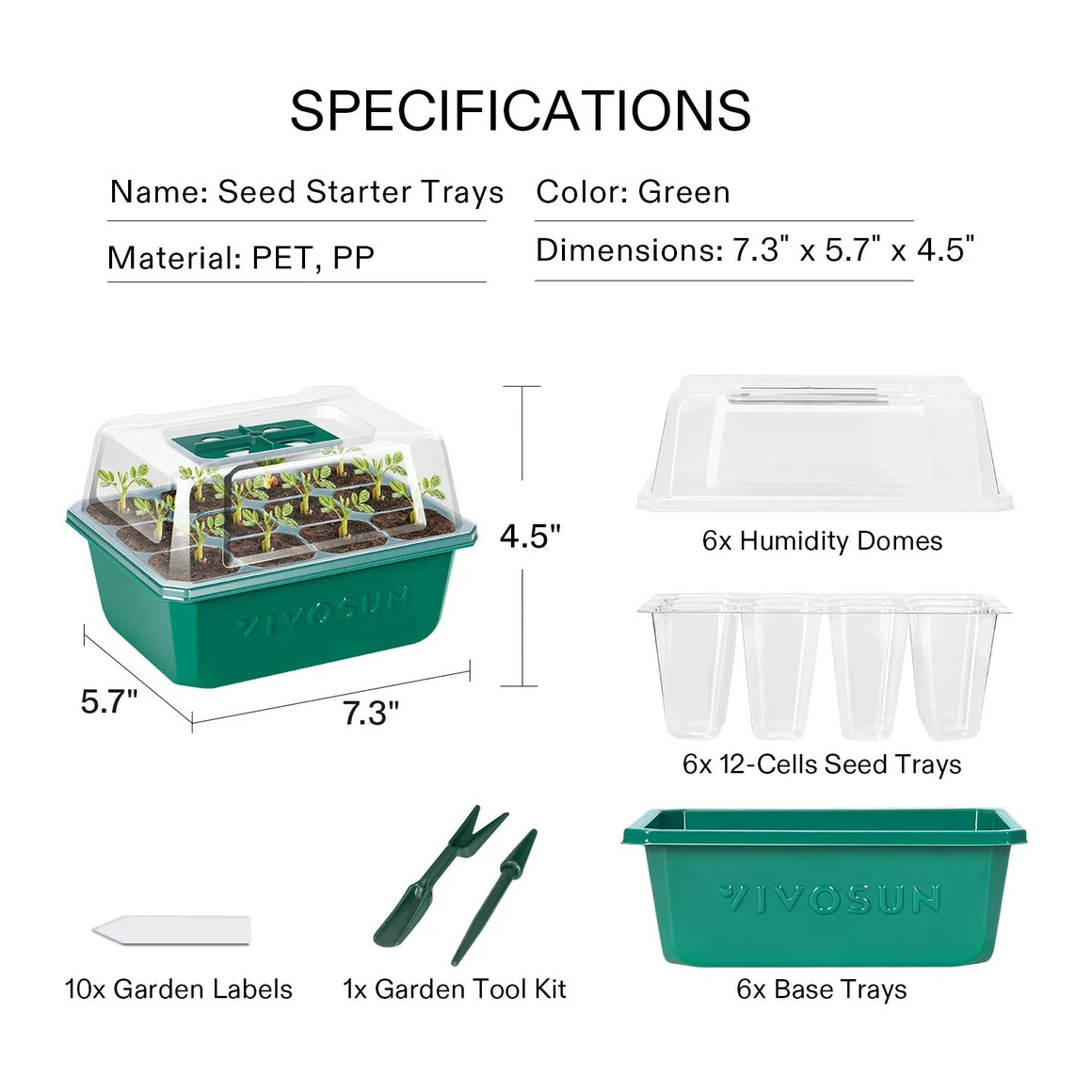 Vivosun green seed starter trays with humidity domes, 12-cell trays, base trays, garden labels, and tool kit.