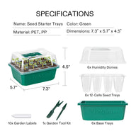 Vivosun green seed starter trays with humidity domes, 12-cell trays, base trays, garden labels, and tool kit.