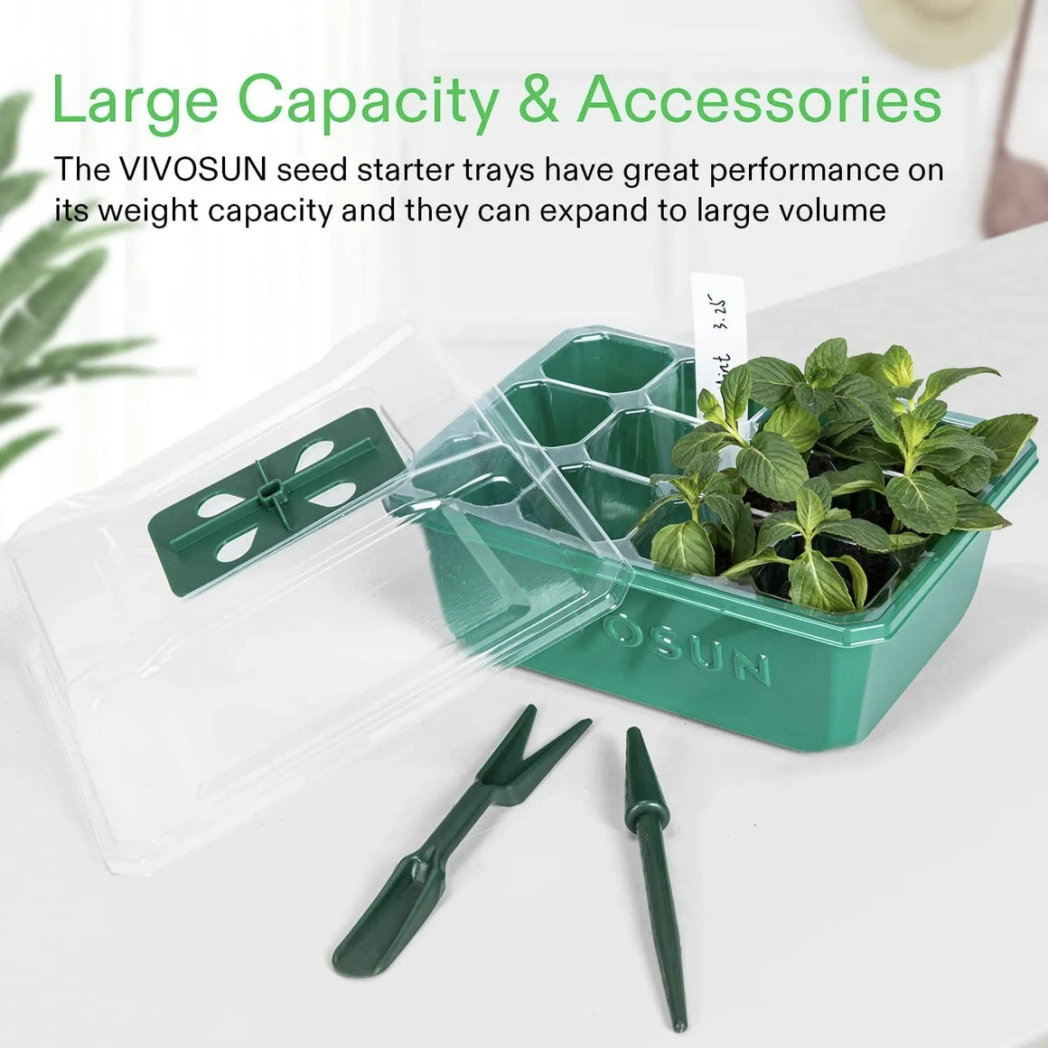 Green VIVOSUN seed starter tray with lid, plants, and gardening tools.