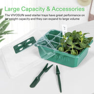 Green VIVOSUN seed starter tray with lid, plants, and gardening tools.