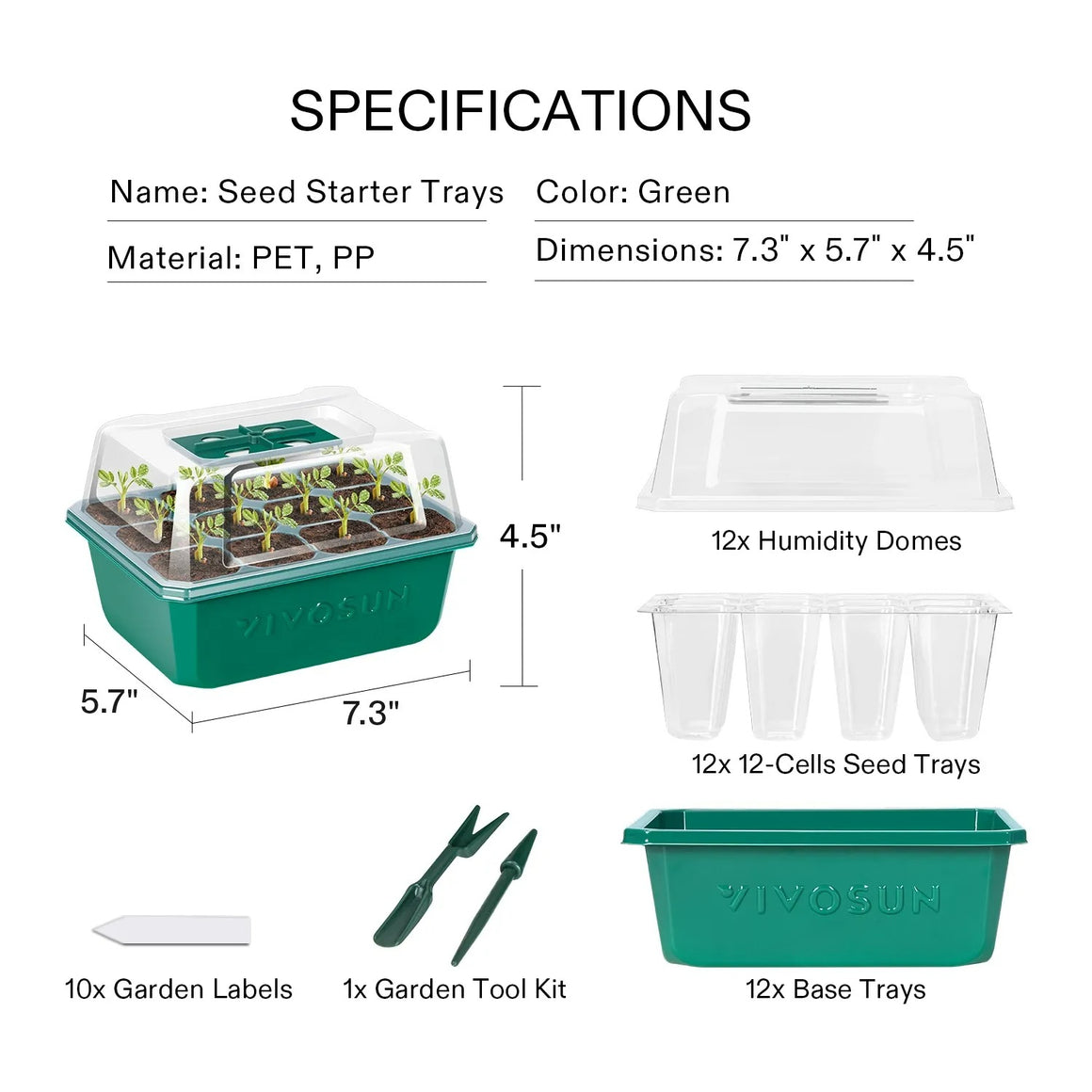 Vivosun green seed starter kit with humidity domes, 12-cell trays, base trays, labels, and tools.