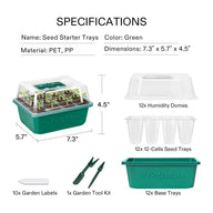 Vivosun green seed starter kit with humidity domes, 12-cell trays, base trays, labels, and tools.