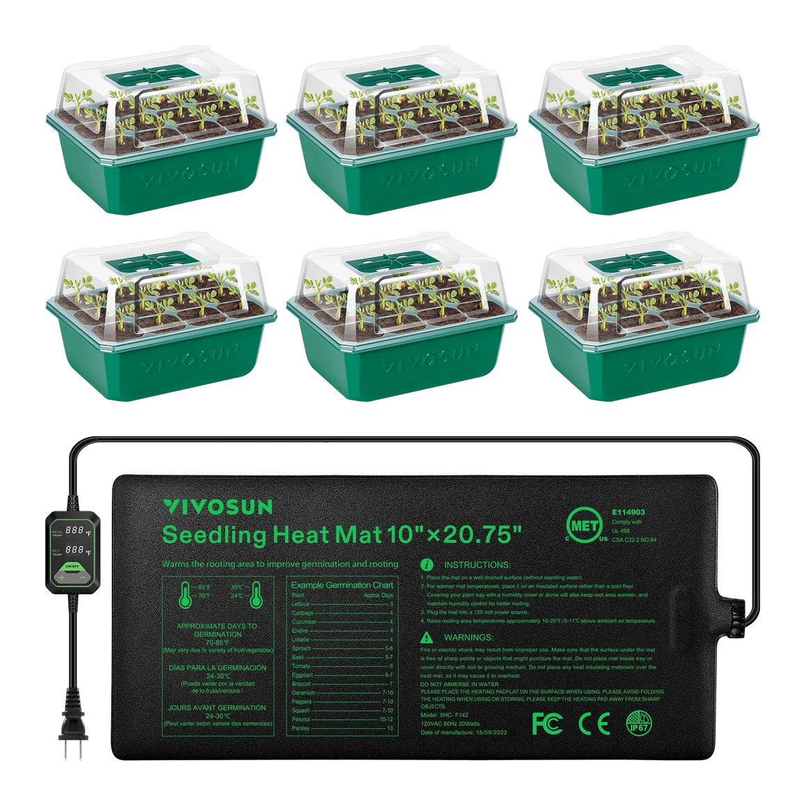VIVOSUN seedling heat mat 10"x20.75" with 6 green seed starting trays and clear domes.