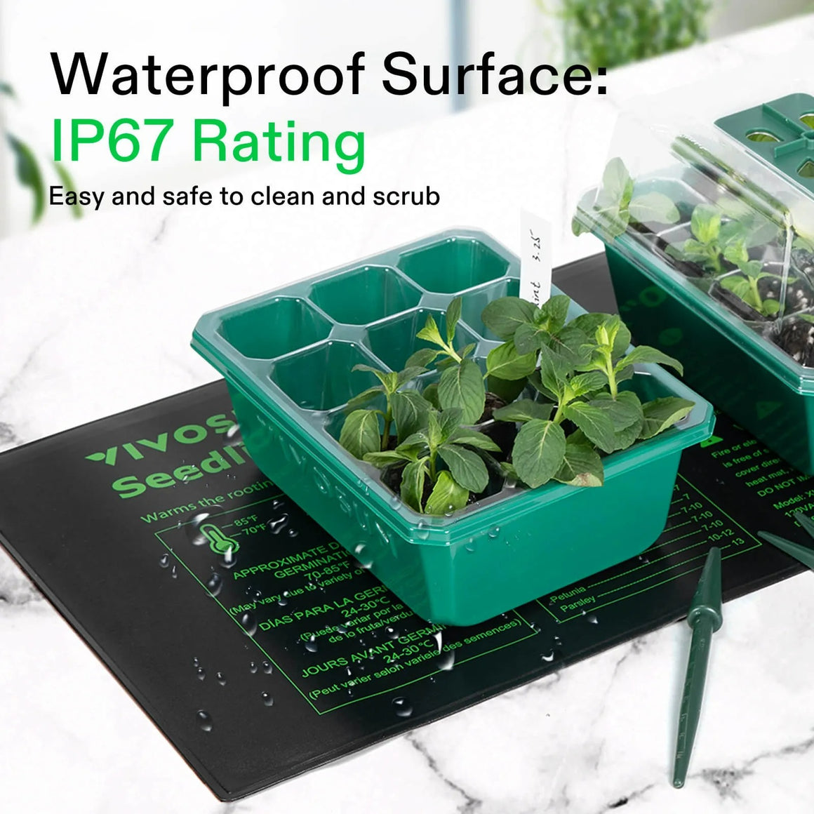 Vivosun seedling heat mat warming plants for germination. IP67 waterproof surface is easy to clean.