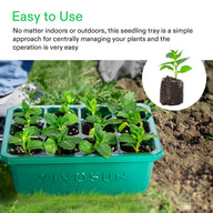 Green Vivosun seedling tray with 12 young plants indoors or outdoors.