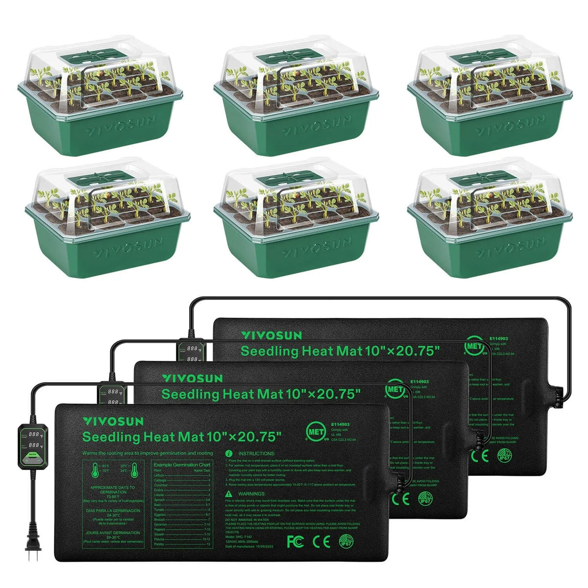 Six Vivosun green seedling starter trays with clear lids sit atop three Vivosun seedling heat mats with digital controllers.