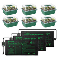 Six Vivosun green seedling starter trays with clear lids sit atop three Vivosun seedling heat mats with digital controllers.