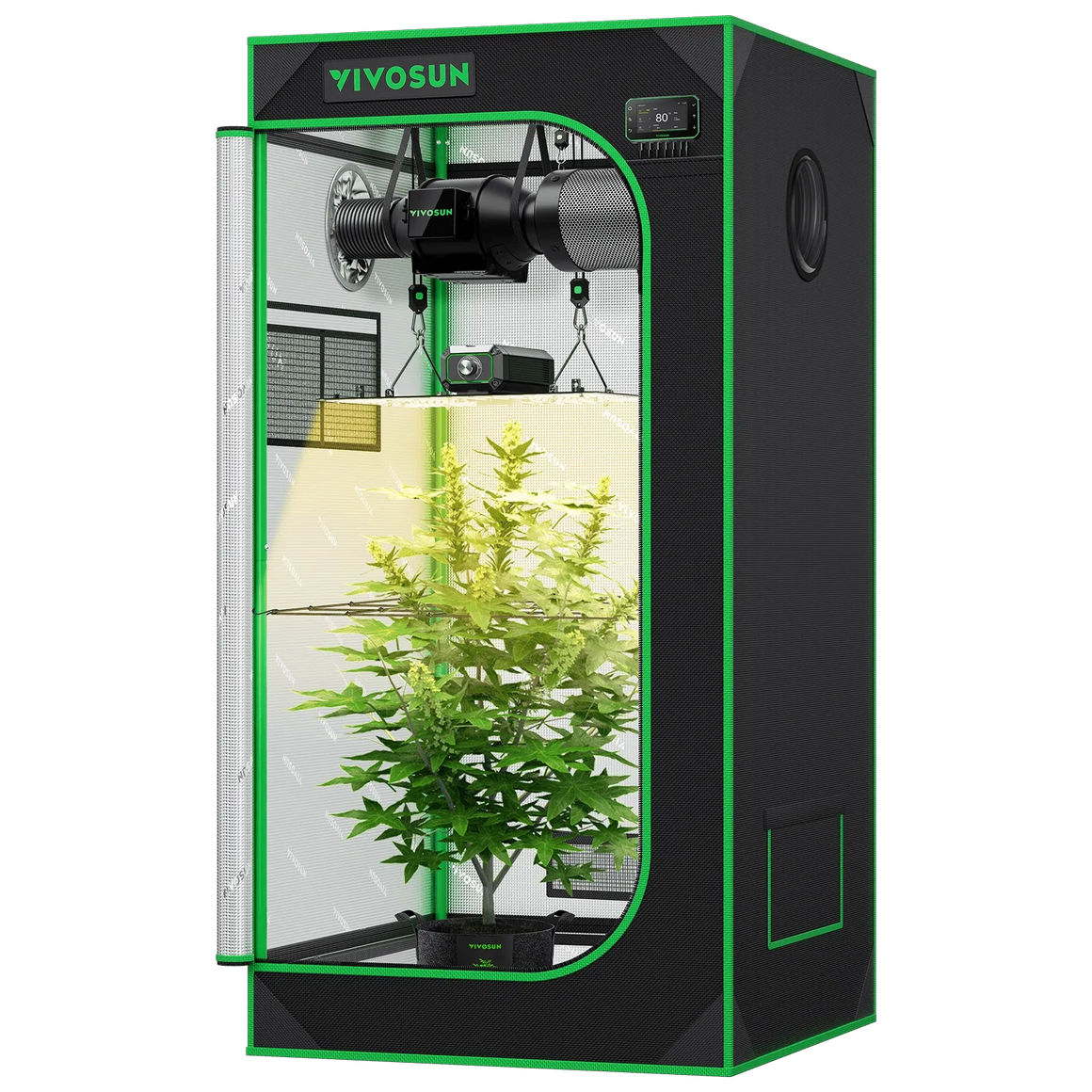 Vivosun Smart Grow Tent Kit with plant, full spectrum LED grow light, inline fan, and controller. Black tent, green trim.