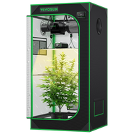 Vivosun Smart Grow Tent Kit with plant, full spectrum LED grow light, inline fan, and controller. Black tent, green trim.