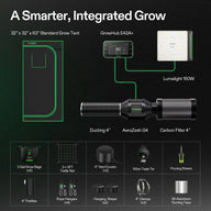 Vivosun smart grow kit: 32x32x63 tent, Lumalight 150W, GrowHub E42A+, AeroZesh G4 fan, filter, ducting, and tools.
