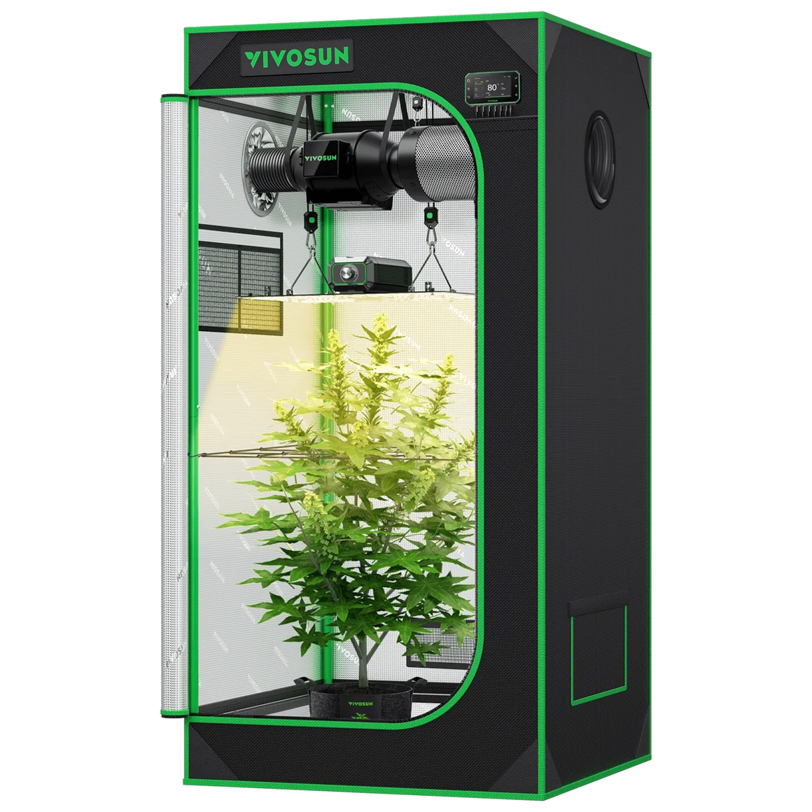 Vivosun Smart Grow Tent Kit with open door revealing a cannabis plant, LED grow light, and exhaust system.