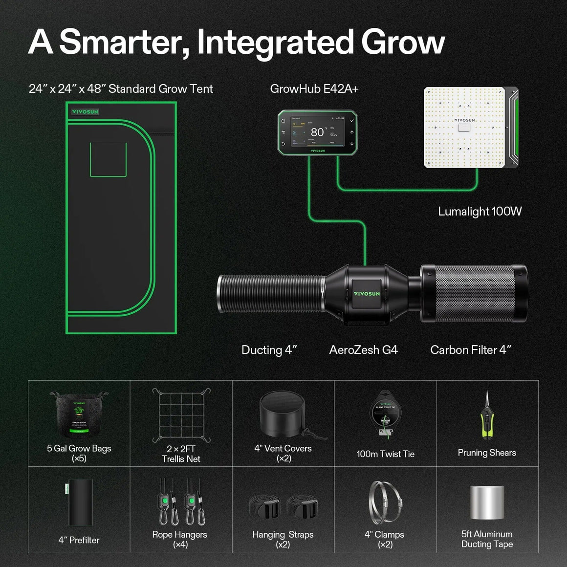 Vivosun Smart Grow Tent Kit: 24x24x48 tent, GrowHub E42A+, Lumarlight 100W, AeroZesh G4 fan, carbon filter, accessories.