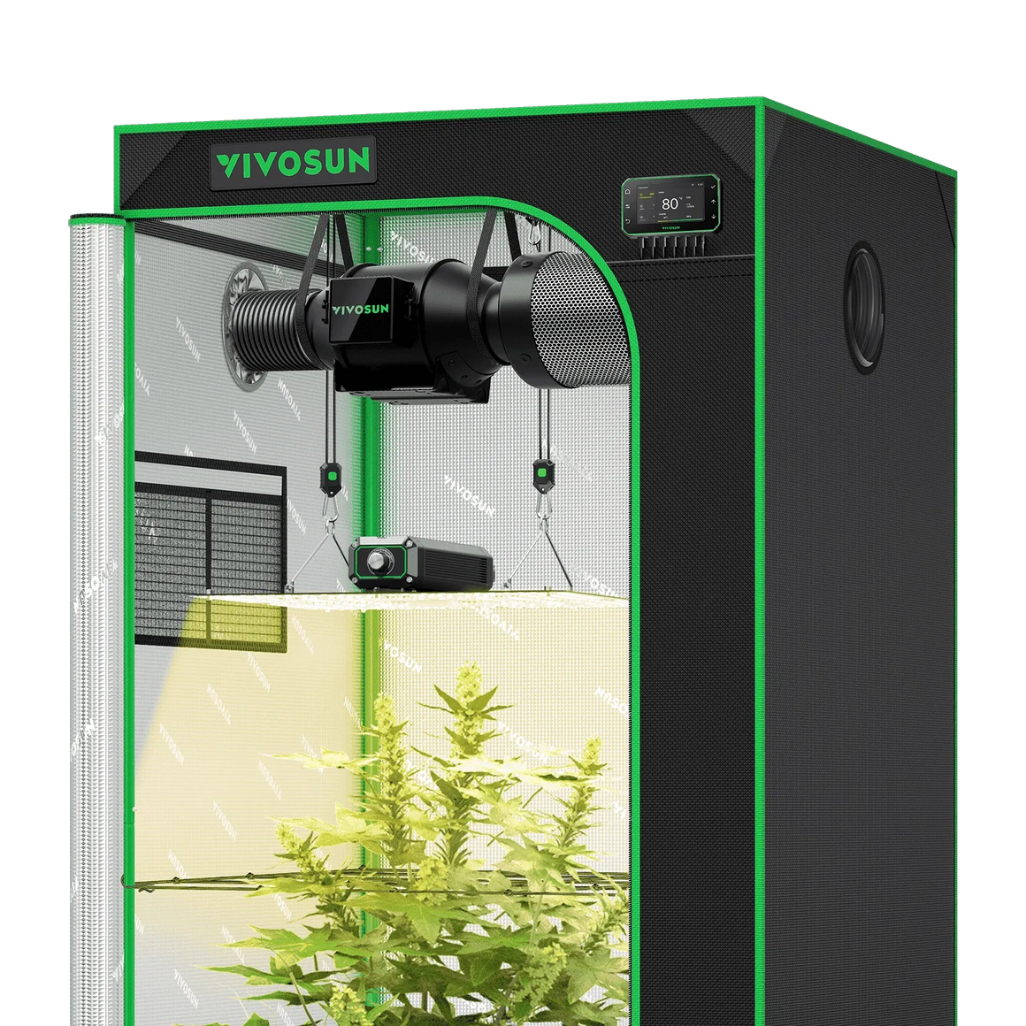 Vivosun Smart Grow Tent Kit for indoor plants, featuring LED grow light, inline fan, and climate control display.