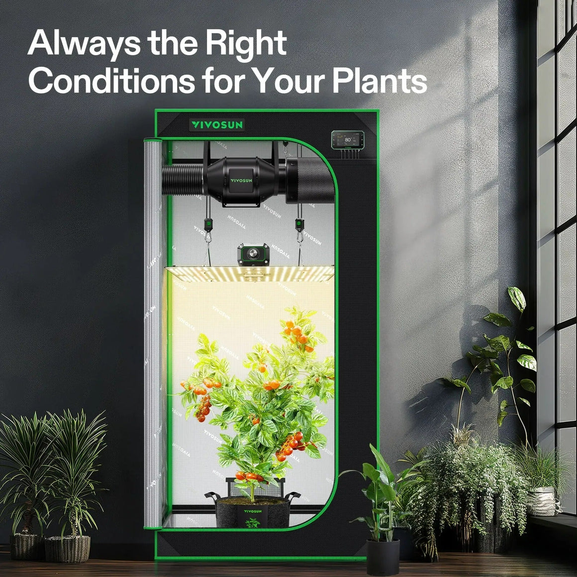 VIVOSUN smart grow tent kit featuring a fruiting plant, full-spectrum LED light, inline fan, and smart environmental controller.
