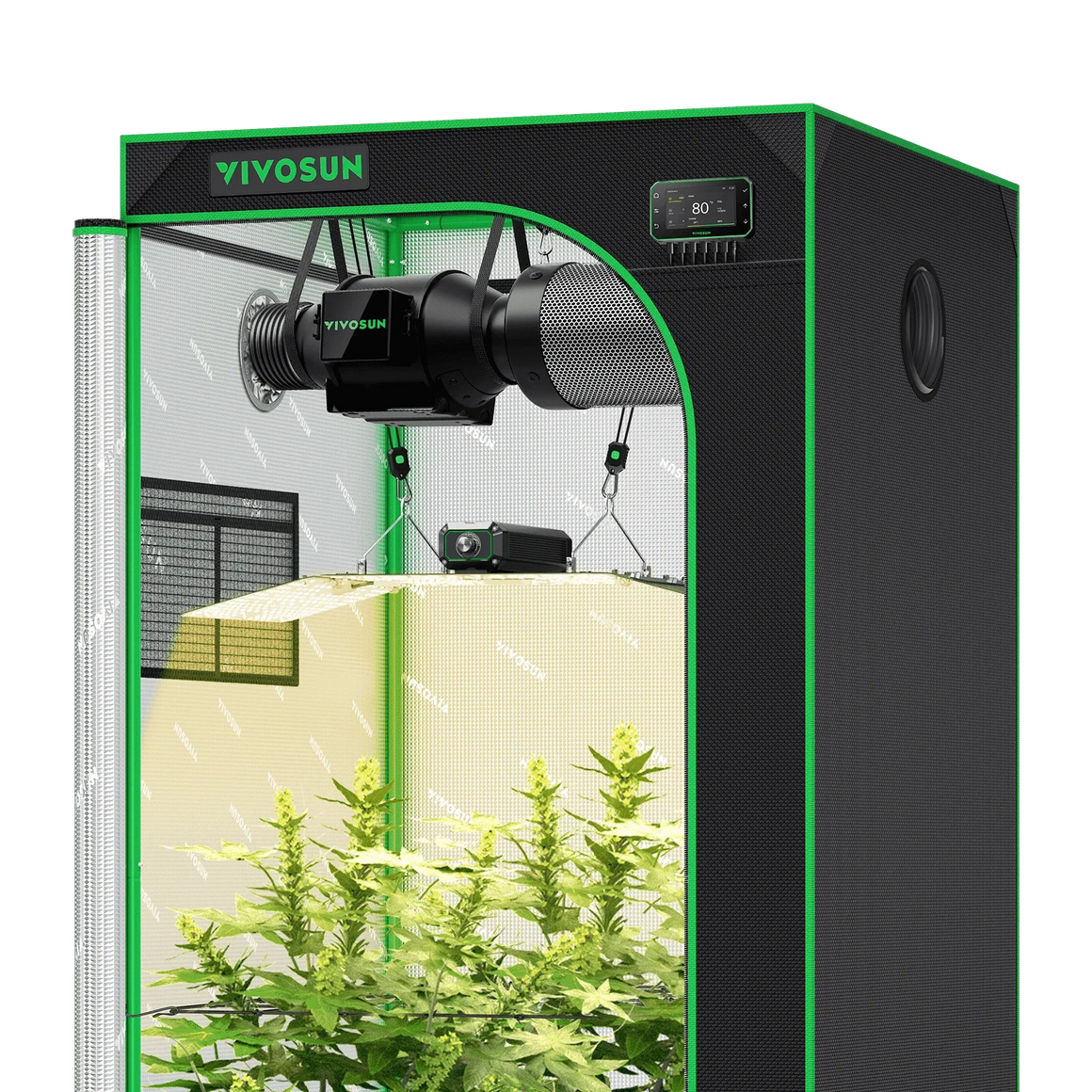 Opened Vivosun smart grow tent kit, black with green trim, showing inline fan, LED grow light, monitor, and healthy plants.