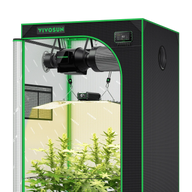 Opened Vivosun smart grow tent kit, black with green trim, showing inline fan, LED grow light, monitor, and healthy plants.