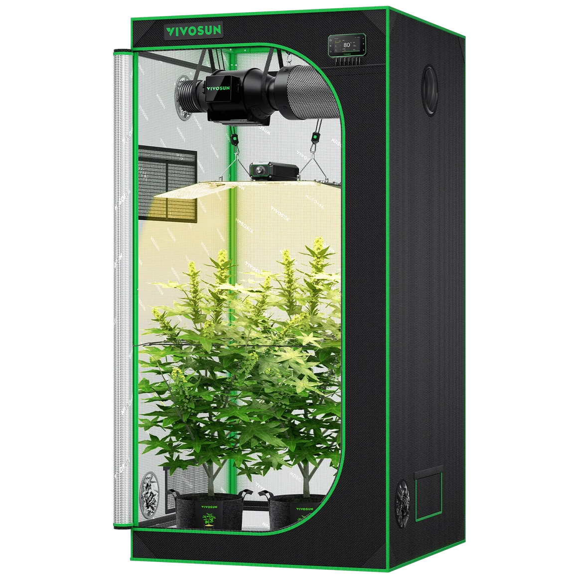 Vivosun Smart Grow Tent Kit with green plants, full spectrum LED light, and exhaust system for indoor gardening.