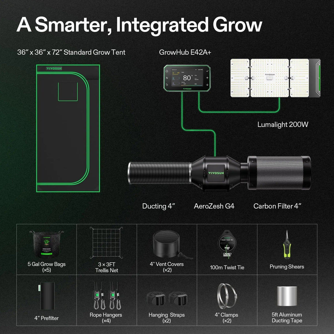 Vivosun smart grow tent kit with 3x3 tent, GrowHub controller, Lumalight 200W LED, AeroZesh fan, filter & accessories.