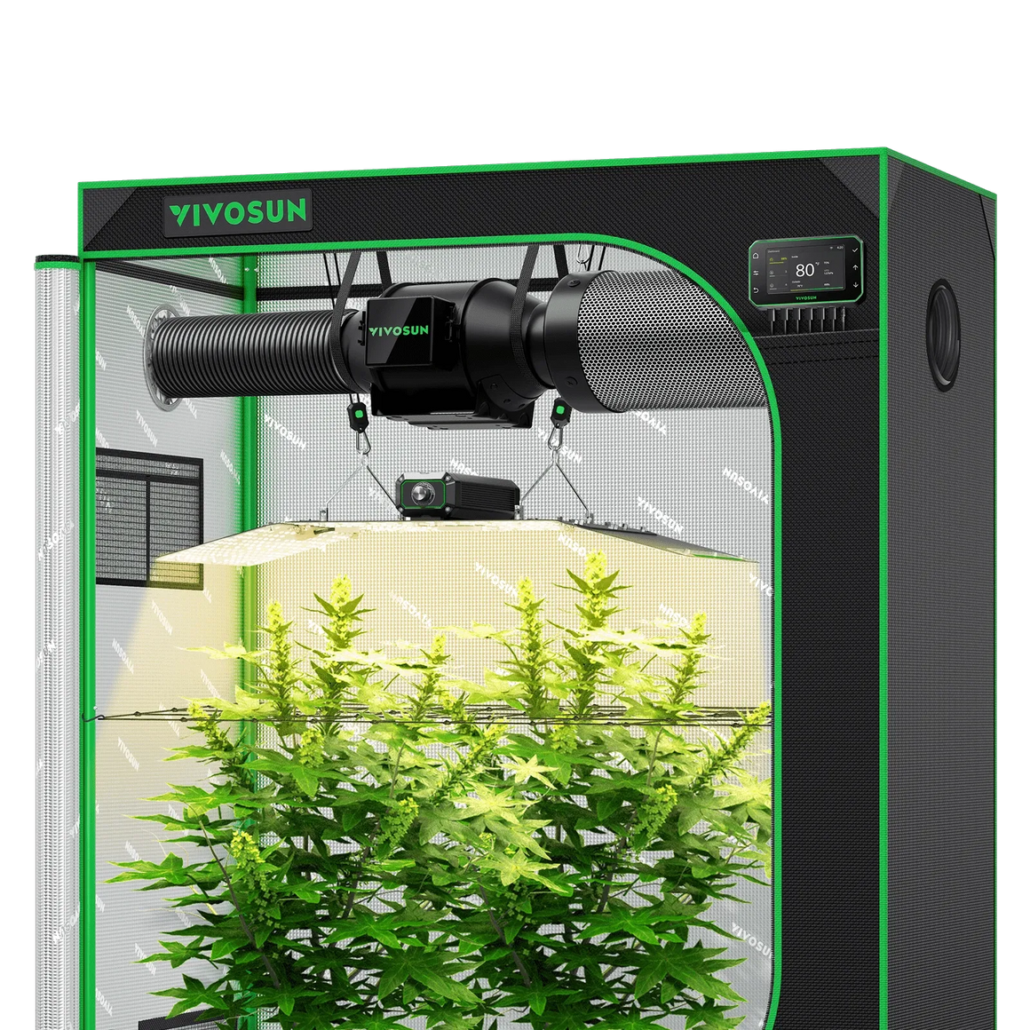 Vivosun Smart Grow Tent Kit with vibrant green plants, an overhead LED grow light, inline fan, and digital controller.